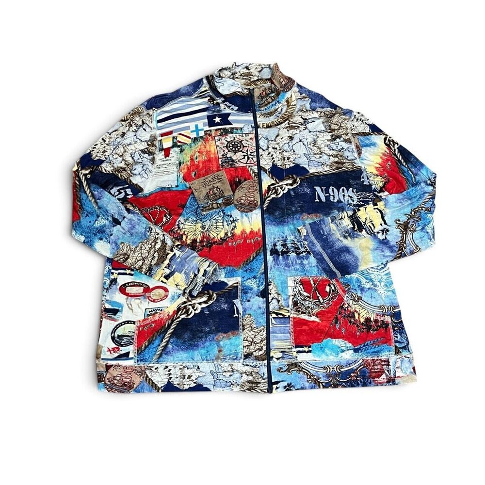 Chicos Nautical Map Zip Up Jacket Layering Wearable Art Stretch Pockets 3 XL